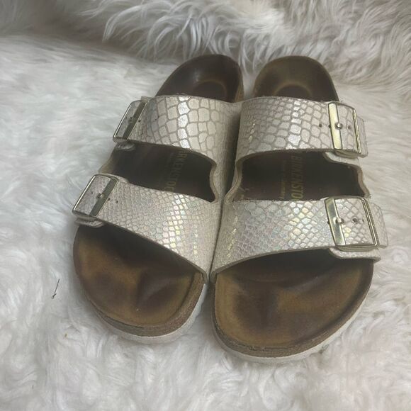 Birkenstock Arizona Iridescent Snake-Print Sandals - Pearl/White EUR SZ40